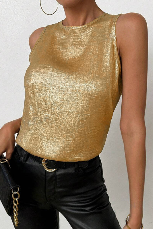 Gold Metal Textured Round Neck Casual Tank Top