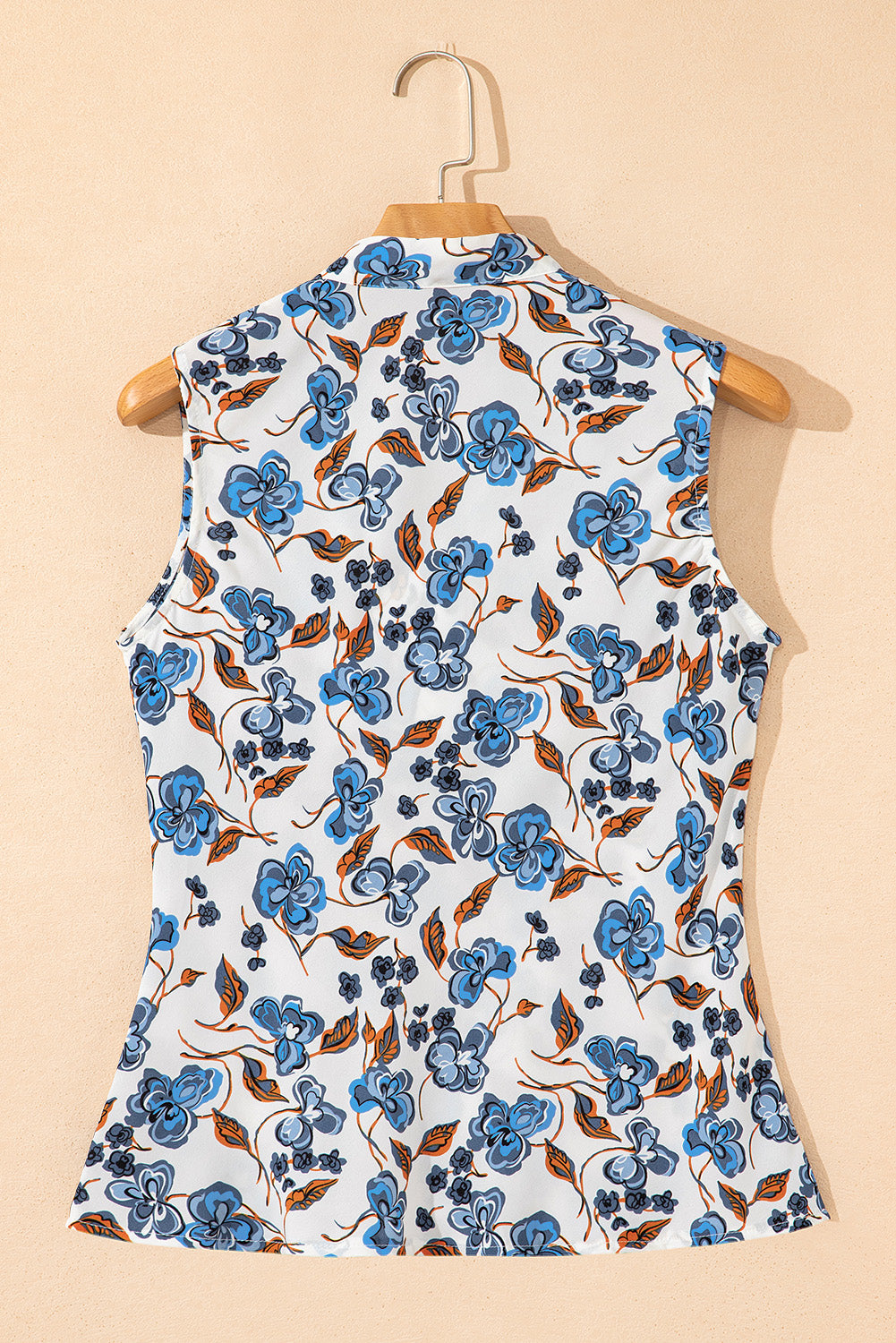 Sky Blue Floral Print Knotted V Neck Elegant Tank Top