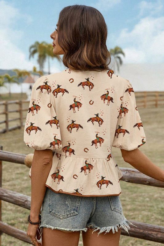 Apricot Cowboy Print Puff Sleeve Bowknot Peplum Blouse