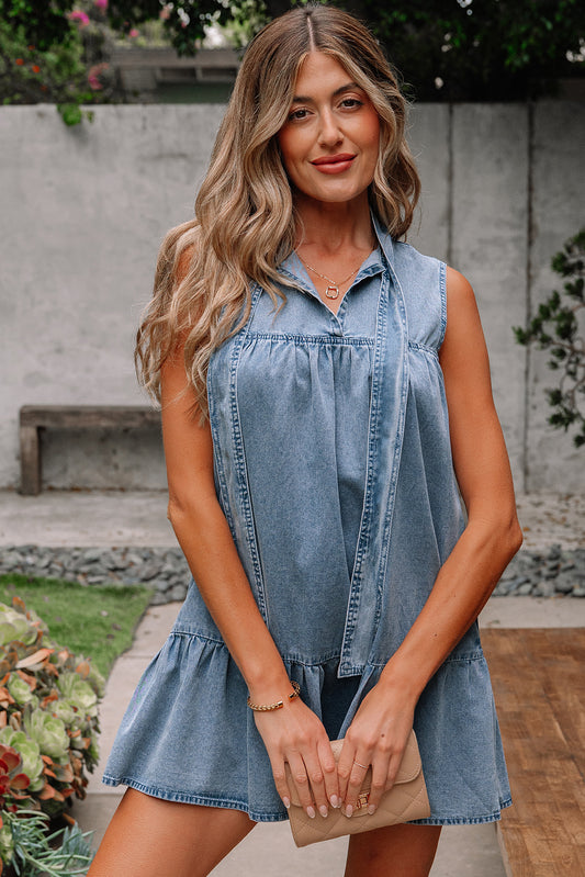 Real Teal Bowknot Neck Sleeveless Ruffled Chambray Dress