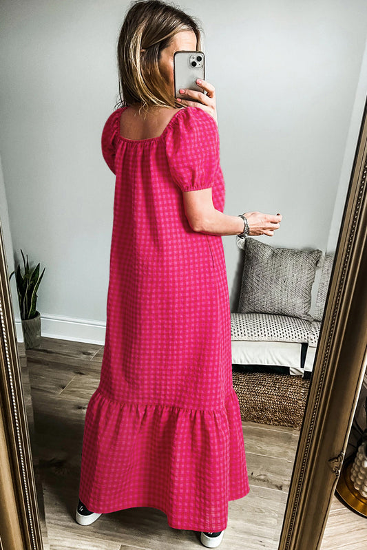 Rose Ginham Check Bubble Sleeve Ruffled Maxi Dress