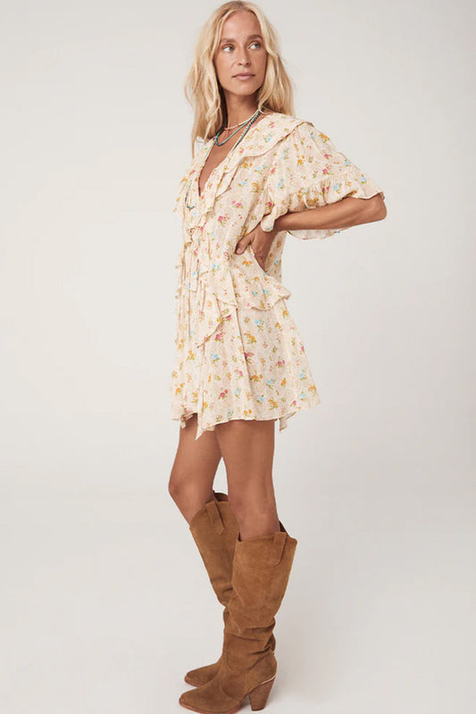 Apricot Boho Floral Tassel Tie V Neck Ruffle Wide Sleeve Mini Dress