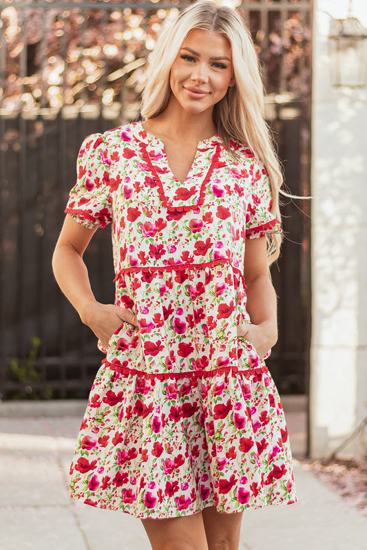 Red Floral Puff Sleeve Tiered Ric Rac Pocketed Mini Dress