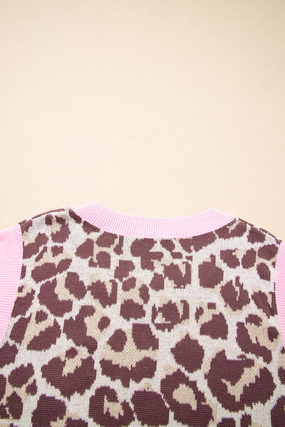 Brown Leopard Pattern Contrast Ribbed Trim Sweater Vest