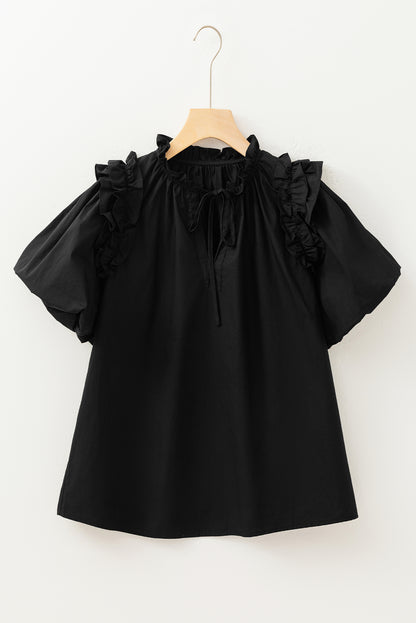Black Ruffled Puff Short Sleeve Loose Blouse