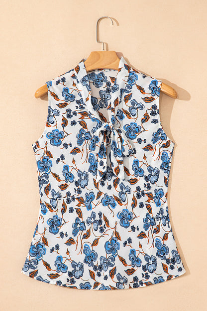 Sky Blue Floral Print Knotted V Neck Elegant Tank Top