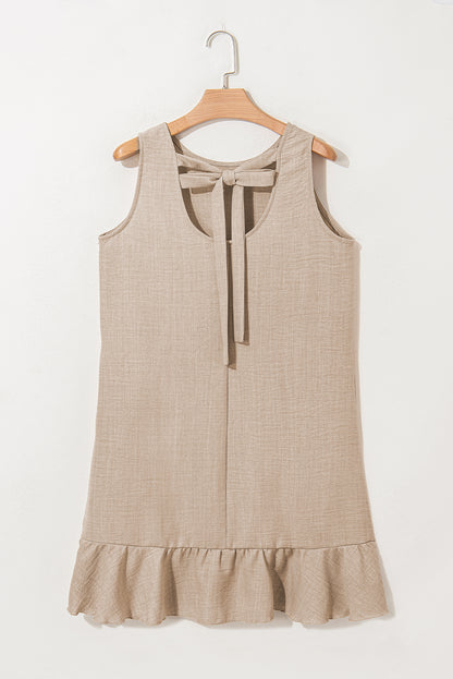 Smoke Gray Knot Scoop Back Ruffle Hem Sleeveless Mini Dress