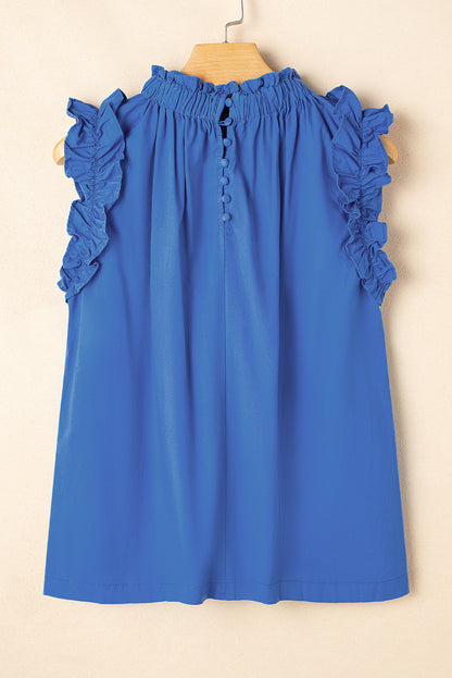 Sky Blue Frilled Neck Ruffled Armholes Buttoned Back Tank Top
