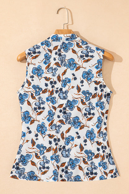 Sky Blue Floral Print Knotted V Neck Elegant Tank Top