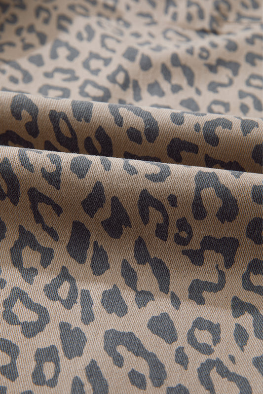 Khaki Leopard Printed Drawstring Elastic Waistband Pocketed Wide Leg Jeans
