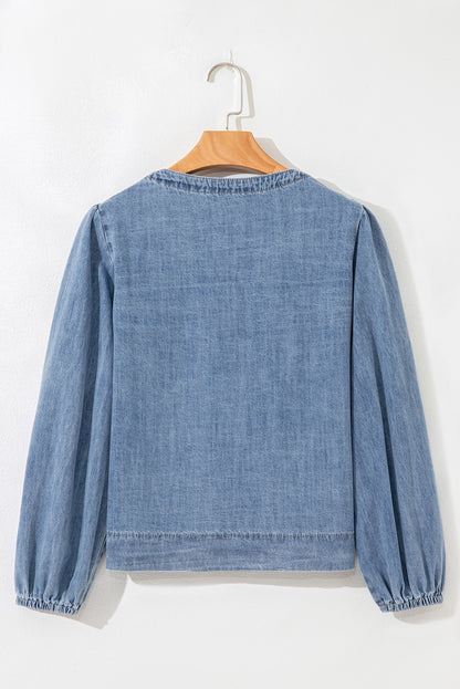 Dusk Blue Tied Front Long Puff Sleeve Denim Top