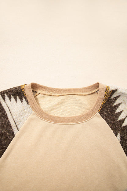 Light French Beige Aztec Patchwork Raglan Pullover Sweatshirt