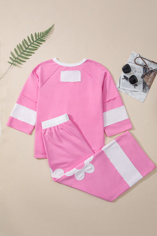 Orchid Bouquet Big Flower Patched Raw Seam Color Block 2 Piece Loose Pant Set
