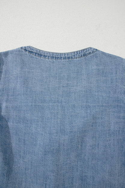 Dusk Blue Tied Front Long Puff Sleeve Denim Top