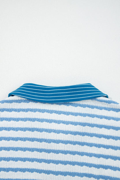 Sky Blue Stripe Collared Pullover Top and Drawstring Pant Set