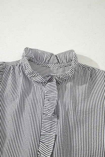Black Striped Ruffle Short Bubble Sleeve Shirt