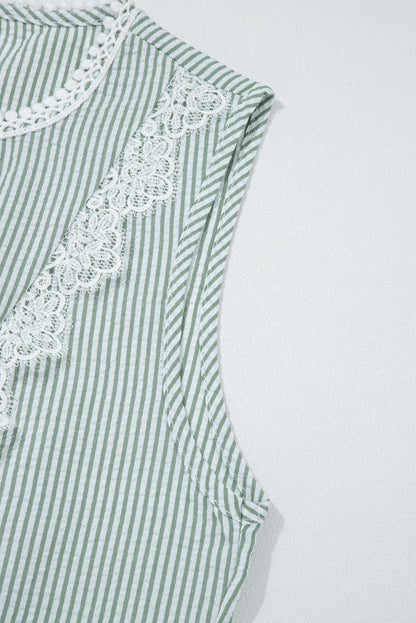 Green Stripe Lace Patchwork Crew Neck Tank Top