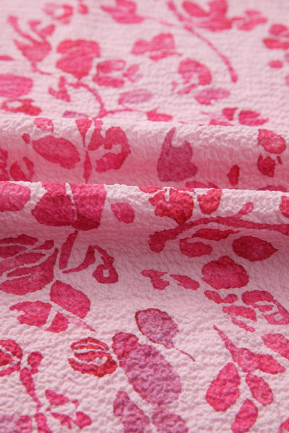 Pink Floral Puff Sleeve Split Neck Lightweight Blouse