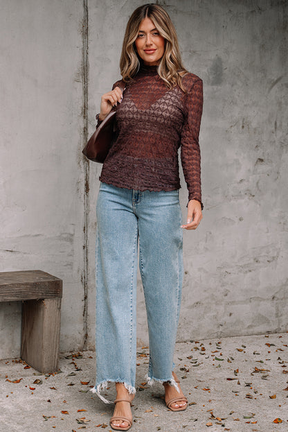 Coffee Sheer Mesh Patterned Lettuce Trim Slim Long Sleeve Top