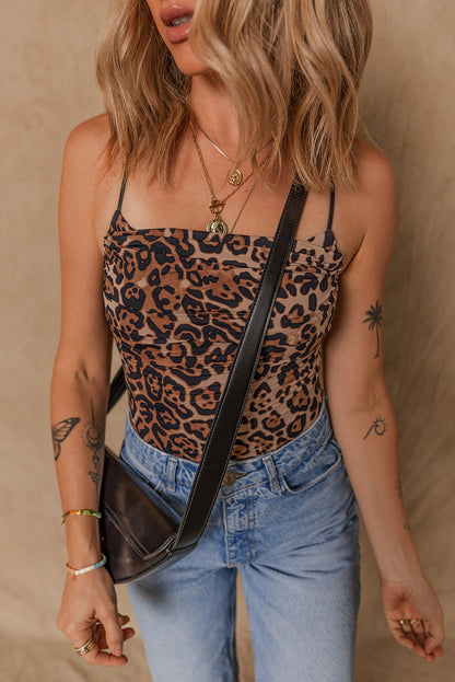 Brown Spaghetti Straps Ruched Leopard Bodysuit