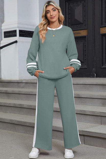 Blue Varsity Stripe Patchwork Puff Sleeve Pullover Drawstring Wide Leg Pant Set