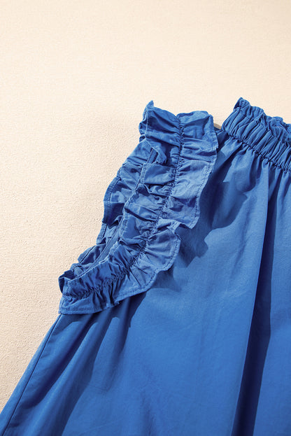 Sky Blue Frilled Neck Ruffled Armholes Buttoned Back Tank Top