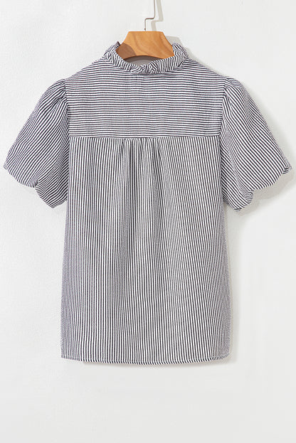 Black Striped Ruffle Short Bubble Sleeve Shirt