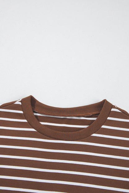 Coffee Striped Long Sleeve Round Neck Loose Top