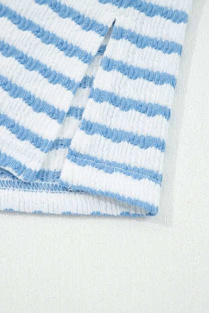 Sky Blue Stripe Collared Pullover Top and Drawstring Pant Set